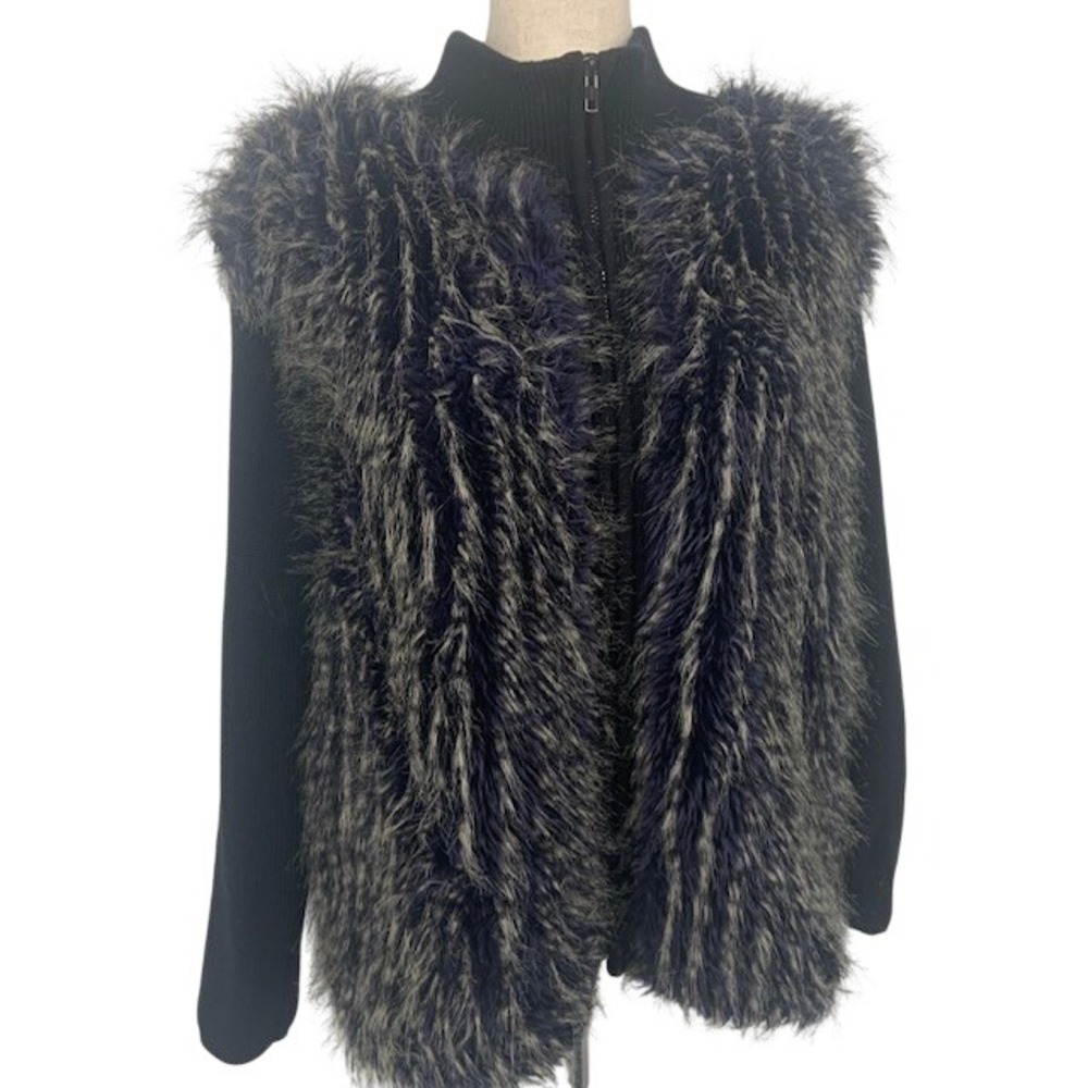 Vintage 90s Faux Fur Zip Cardigan Sweater L Y2K Shaggy Glam Après Ski Mob Wife
